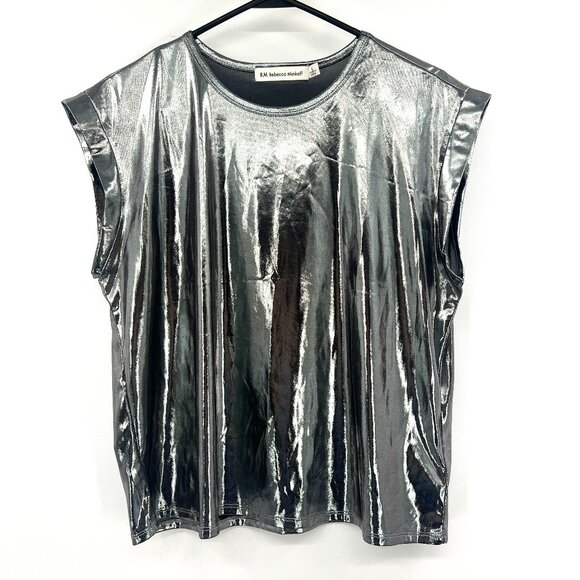 Rebecca Minkoff Metaliic Silver Short Sleeve Blouse Women's Large - Picture 1 of 4